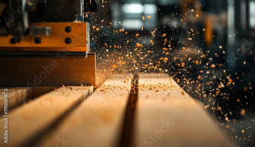 Obraz na płótnie Woodworking machine cuts lumber, sawdust flying.