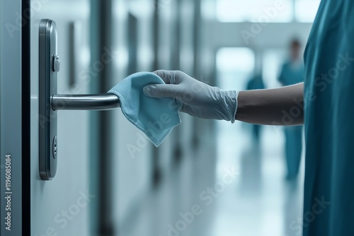 Obraz na płótnie Person cleaning a door handle with a cloth in a healthcare facility. w salonie