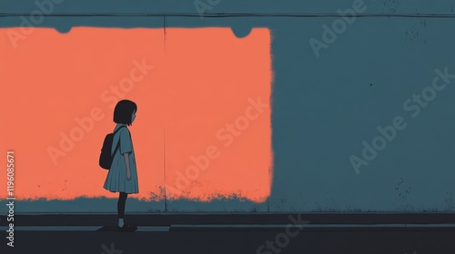 Wallpaper Mural A young girl with a backpack stands before a large orange wall, looking towards the light. Torontodigital.ca