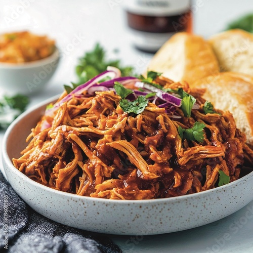 BBQ Pulled Chicken on a table Put it in a beautiful plate, white background