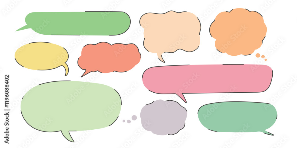 Set collection of pastel dialogue boxes bubbles different variants hand drawn doodle Set collection of pastel dialogue boxes bubbles different variants hand drawn doodle