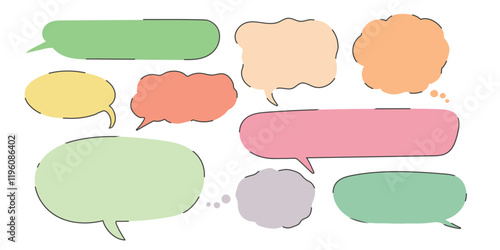 Set collection of pastel dialogue boxes bubbles different variants hand drawn doodle