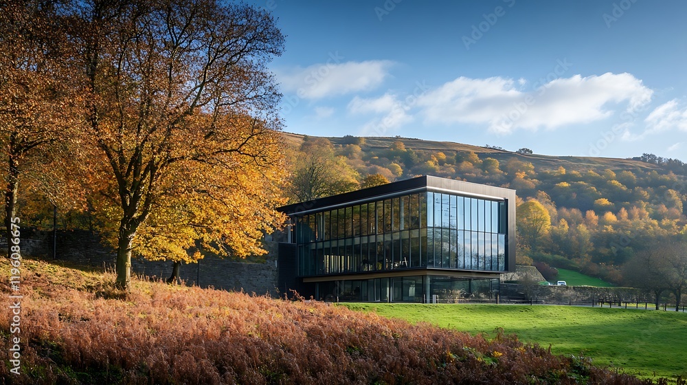 Fototapeta premium Beautiful autumn landscape in the forest with a modern office building.