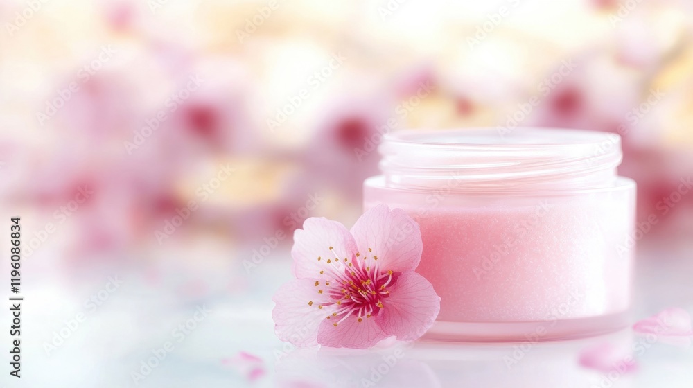 A jar of soft pink cosmetic cream is placed amid blooming cherry blossoms, creating a serene and refreshing atmosphere of beauty A jar of soft pink cosmetic cream is placed amid blooming cherry blossoms, creating a serene and refreshing atmosphere of beauty