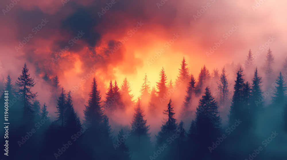 Aerial view of forest fire with smoke billowing over trees during sunset. Frostflare. Illustration Aerial view of forest fire with smoke billowing over trees during sunset. Frostflare. Illustration