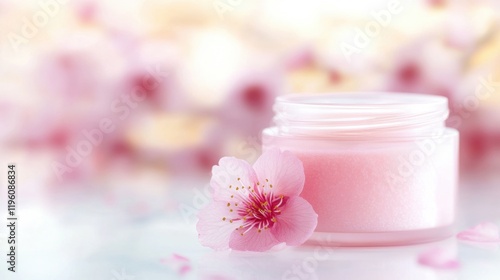 Wallpaper Mural A jar of soft pink cosmetic cream is placed amid blooming cherry blossoms, creating a serene and refreshing atmosphere of beauty Torontodigital.ca