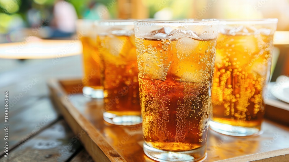 Refreshing Glasses of Iced Cola with Bubbles on a Sunny Day Refreshing Glasses of Iced Cola with Bubbles on a Sunny Day