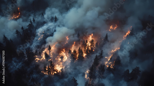 Wallpaper Mural An aerial view of a forest fire consuming a wide area, with smoke plumes rising into the sky and flames visible through the tree line. Frostflare. Illustration Torontodigital.ca