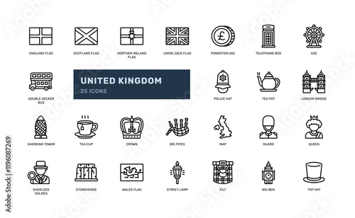 united kingdom british UK tourism and vacation outline line icon set