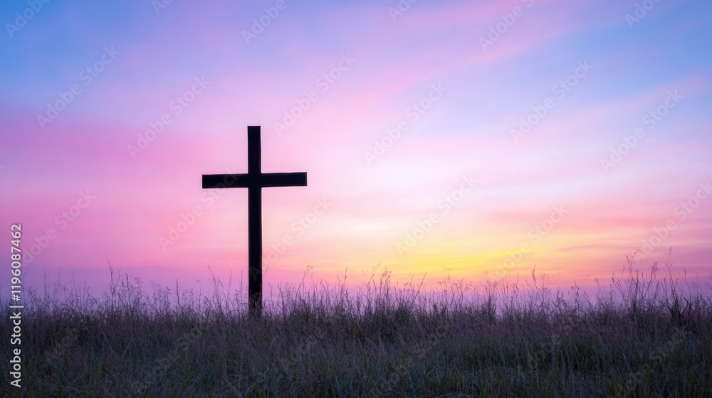 A striking silhouette of a Christian cross stands tall in a grassy field as vibrant colors of the sunset illuminate the sky A striking silhouette of a Christian cross stands tall in a grassy field as vibrant colors of the sunset illuminate the sky