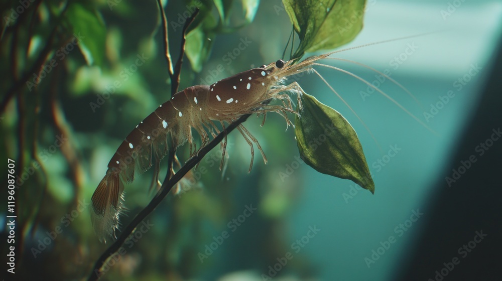 Close-up of a Spotted Shrimp on a Branch Close-up of a Spotted Shrimp on a Branch