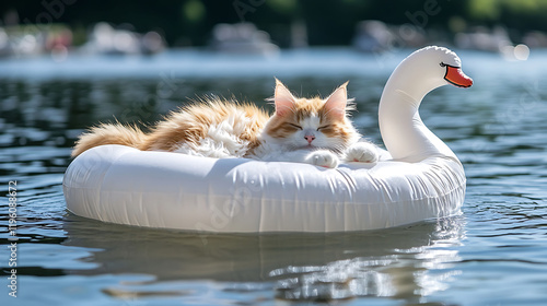 Fototapeta Naklejka Na Ścianę i Meble -  Fluffy plush cat resting on an inflatable swan calm water