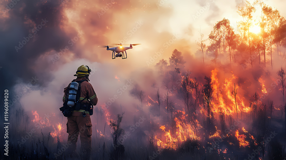 Obraz premium firefighter using aerial drone