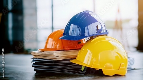 Construction helmets in different colors, representing the diversity and safety gear used by workers on job sites.