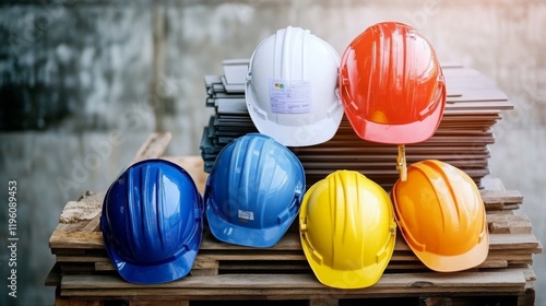 Construction helmets in different colors, representing the diversity and safety gear used by workers on job sites.