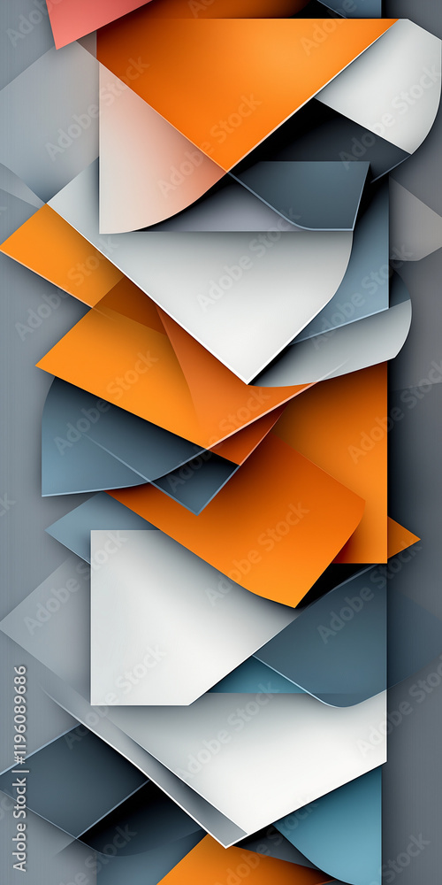 Abstract composition of layered colorful paper sheets in orange, blue, and white tones against a textured background Abstract composition of layered colorful paper sheets in orange, blue, and white tones against a textured background