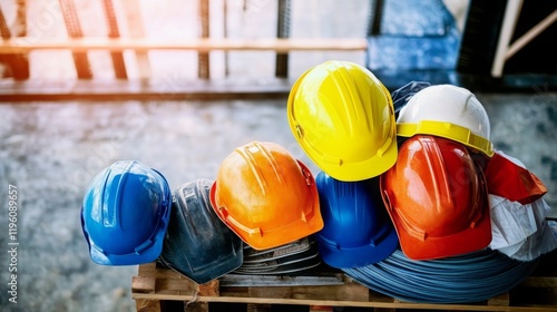 Construction helmets in different colors, representing the diversity and safety gear used by workers on job sites.
