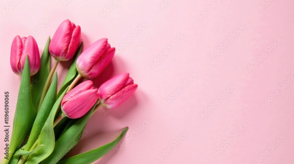 A Delicate Cluster of Pink Tulips on a Soft Pink Background, Perfect for Springtime Greetings and Floral Designs A Delicate Cluster of Pink Tulips on a Soft Pink Background, Perfect for Springtime Greetings and Floral Designs