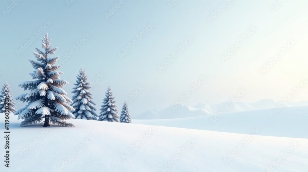 Serene Winter Landscape Snow-Covered Evergreens and Distant Mountains Under a Pale Sky Serene Winter Landscape Snow-Covered Evergreens and Distant Mountains Under a Pale Sky