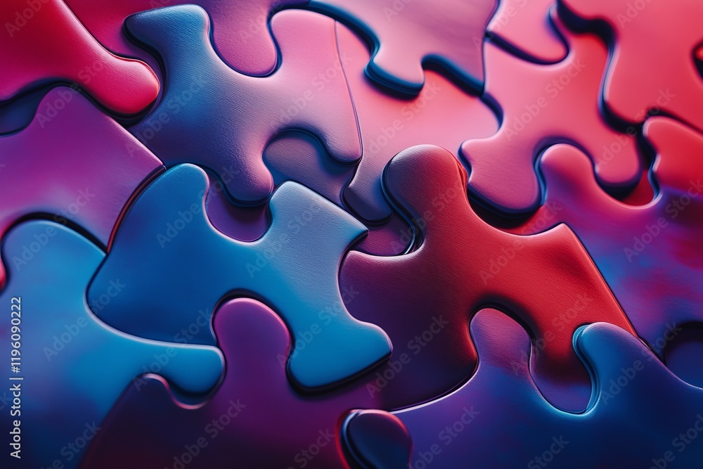 Close-up of red and blue glossy puzzle pieces. Close-up of red and blue glossy puzzle pieces.