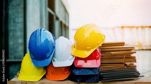 Construction helmets in different colors, representing the diversity and safety gear used by workers on job sites.