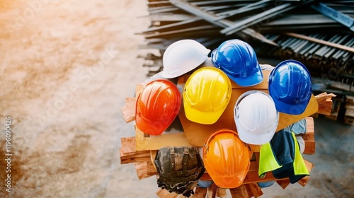 Construction helmets in different colors, representing the diversity and safety gear used by workers on job sites.
