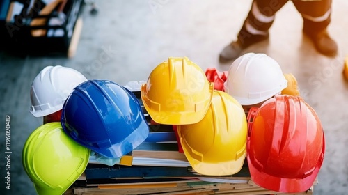 Construction helmets in different colors, representing the diversity and safety gear used by workers on job sites.