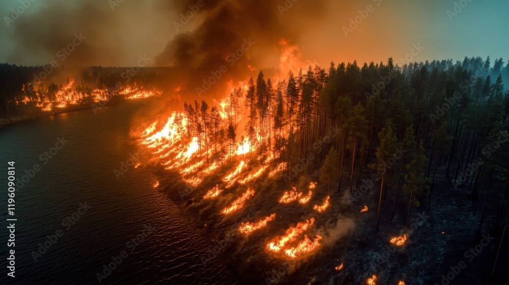 Forest fire burning near river at night, spreading destruction Forest fire burning near river at night, spreading destruction