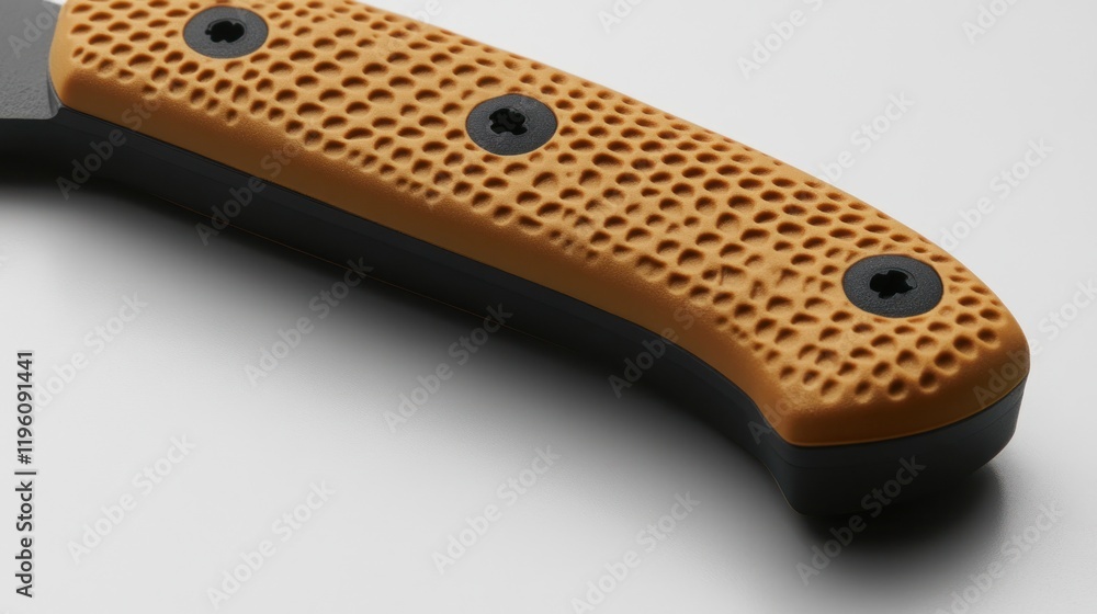 Close-up of a Tan and Black Knife Handle with Textured Grip Close-up of a Tan and Black Knife Handle with Textured Grip
