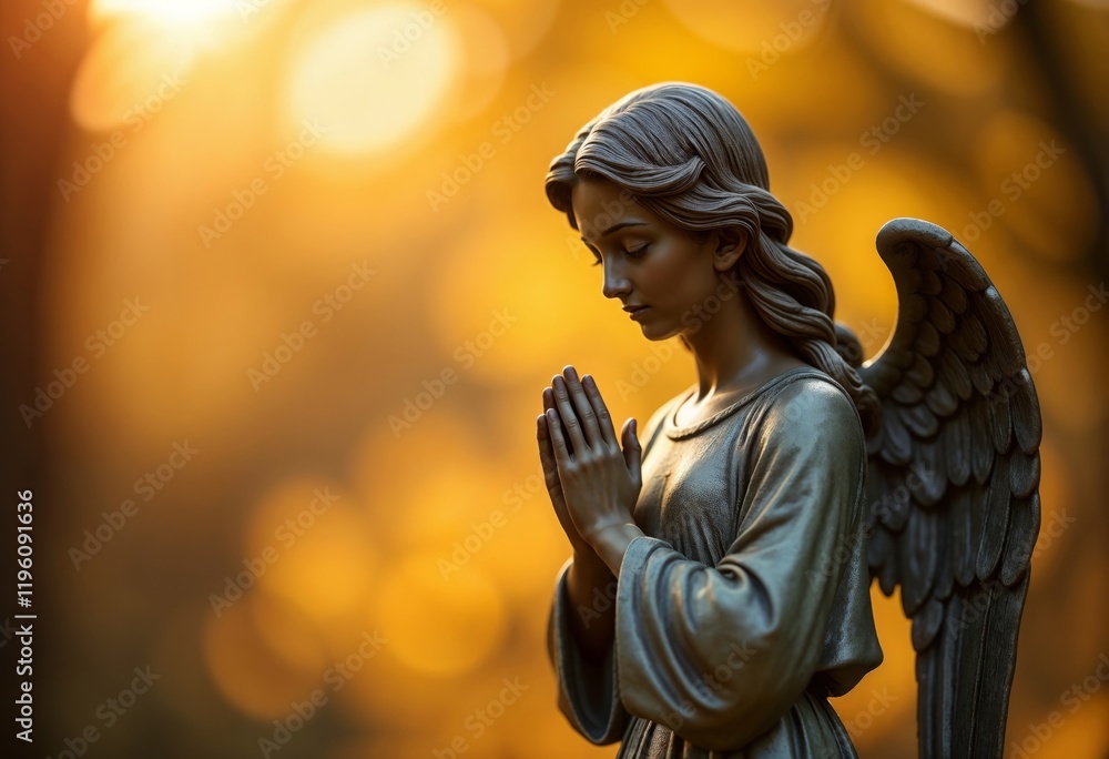 Fototapeta premium Angel statue in prayer pose with golden and orange sunset background.Faith. Prayer. Spirituality. Devotion through angelic symbolism. angelic theme, prayer, spiritual poster, religious event, peac