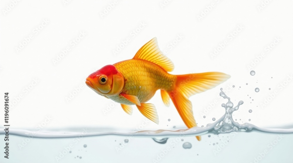 Fototapeta premium A vibrant goldfish leaps gracefully from crystal-clear water, its scales shimmering with an enchanting orange hue, creating a captivating aquatic scene.