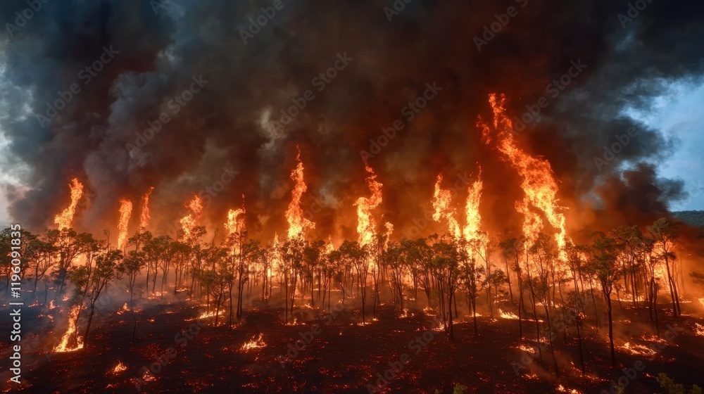 Forest fire burning, creating a wall of flames and smoke Forest fire burning, creating a wall of flames and smoke