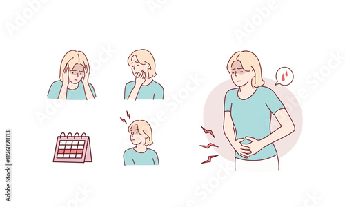 A woman suffering from menstrual cramps. Hand drawn style vector design illustrations.