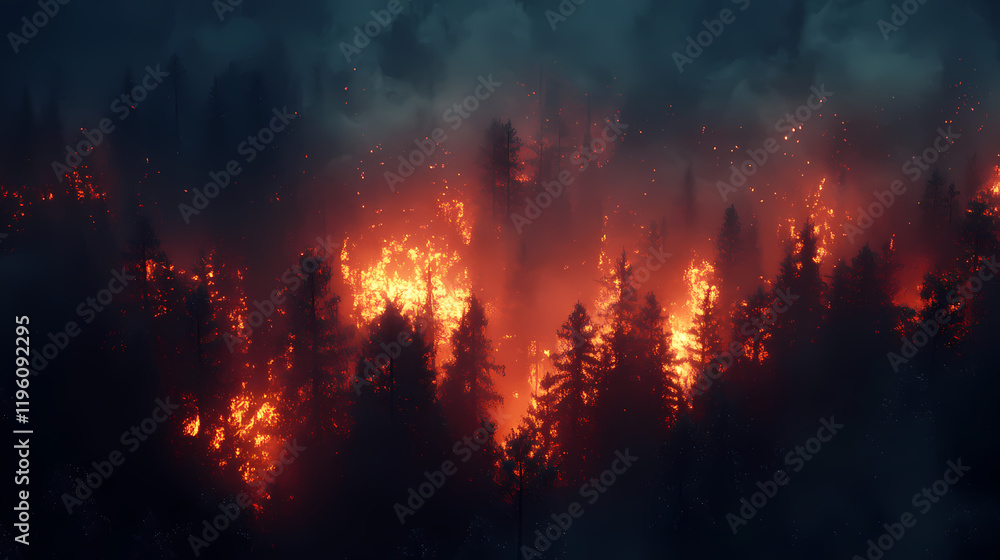 A dramatic drone shot capturing the intensity of a nighttime forest fire. generative ai. Frostflare. Illustration A dramatic drone shot capturing the intensity of a nighttime forest fire. generative ai. Frostflare. Illustration