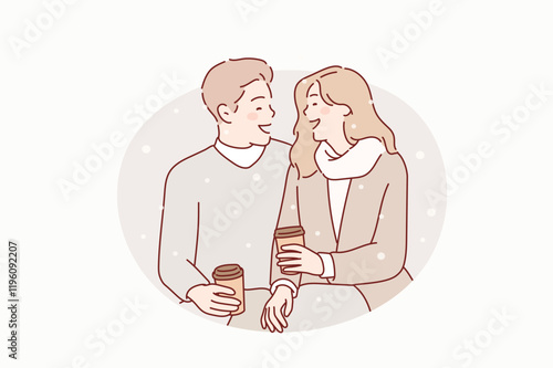 couple drinking their morning coffee or tea. Hand drawn style vector design illustrations.