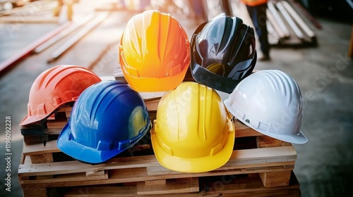 Construction helmets in different colors, representing the diversity and safety gear used by workers on job sites.