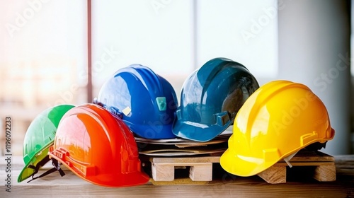 Construction helmets in different colors, representing the diversity and safety gear used by workers on job sites.