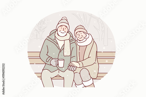 An elderly couple is sitting on a bench in winter, enjoying the snowy scenery. Hand drawn style vector design illustrations.
