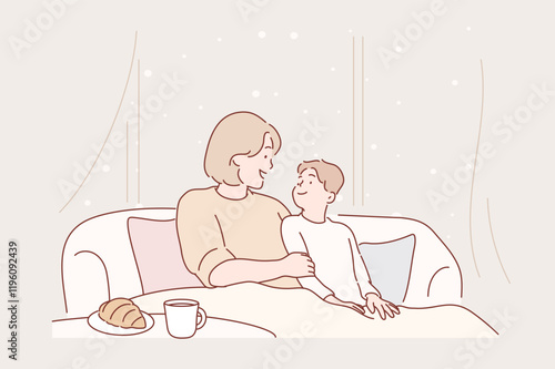 The mother and child are talking under a cozy blanket, while snow gently falls outside the window. Hand drawn style vector design illustrations.