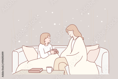 The mother and child are talking under a cozy blanket, while snow gently falls outside the window. Hand drawn style vector design illustrations.