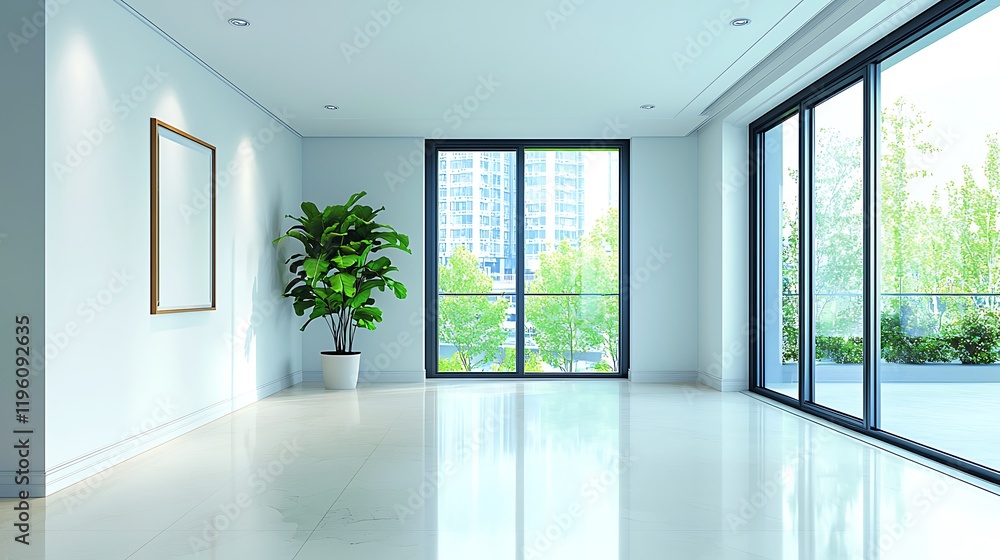 Fototapeta premium Modern interior design bright serene minimalist living room in urban apartment