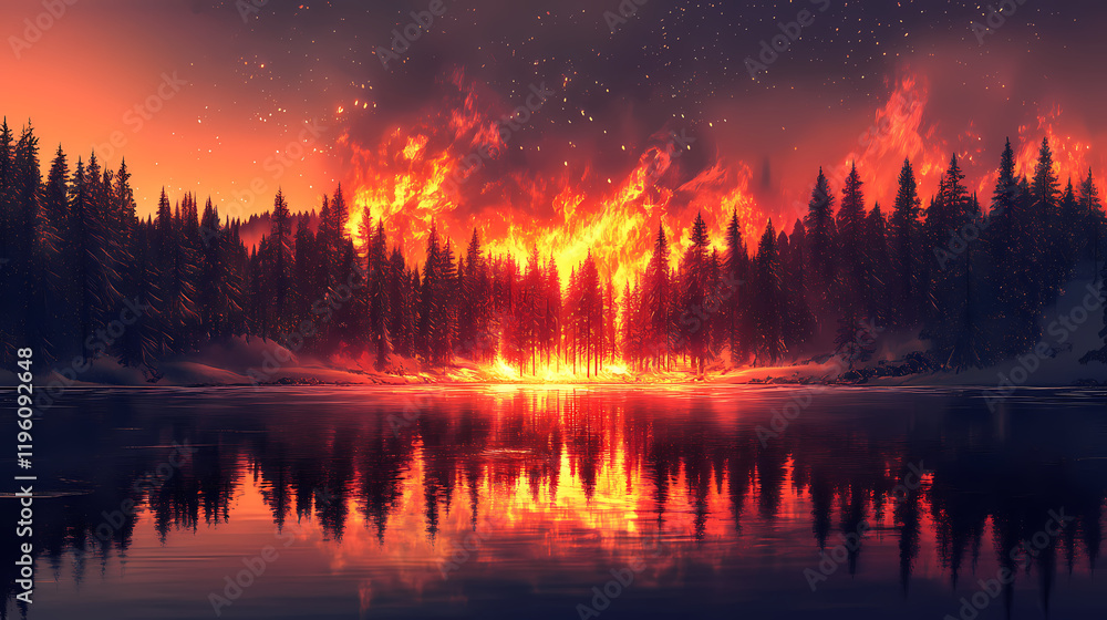 A dramatic scene of a forest fire reflected in calm water, showcasing nature's beauty and power. Frostflare. Illustration A dramatic scene of a forest fire reflected in calm water, showcasing nature's beauty and power. Frostflare. Illustration