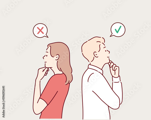 A man and a woman with opposing views are standing back to back. Hand drawn style vector design illustrations.