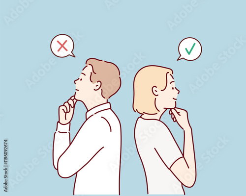 A man and a woman with opposing views are standing back to back. Hand drawn style vector design illustrations.