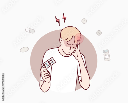 man Suffering from Headache Sick. Hand drawn style vector design illustrations.