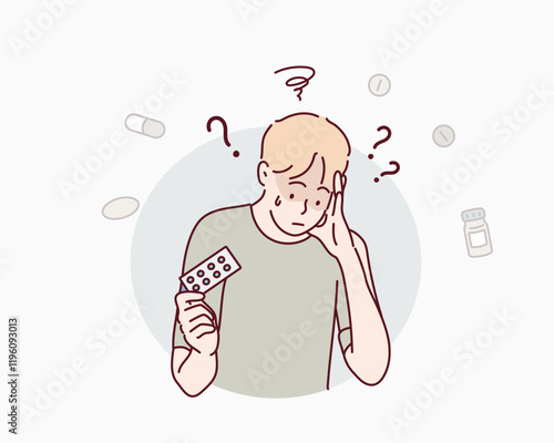 Dementia and memory impairment confuse elderly man who needs pills to improve brain function. Hand drawn style vector design illustrations.