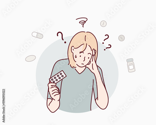 Dementia and memory impairment confuse elderly woman who needs pills to improve brain function. Hand drawn style vector design illustrations.