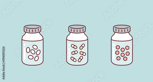 Medicine bottle and pill capsule Medical. Hand drawn style vector design illustrations.