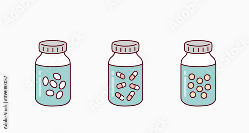 Medicine bottle and pill capsule Medical. Hand drawn style vector design illustrations.