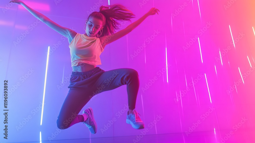 Woman Energetically Leaping Dynamically Neon Background Woman Energetically Leaping Dynamically Neon Background